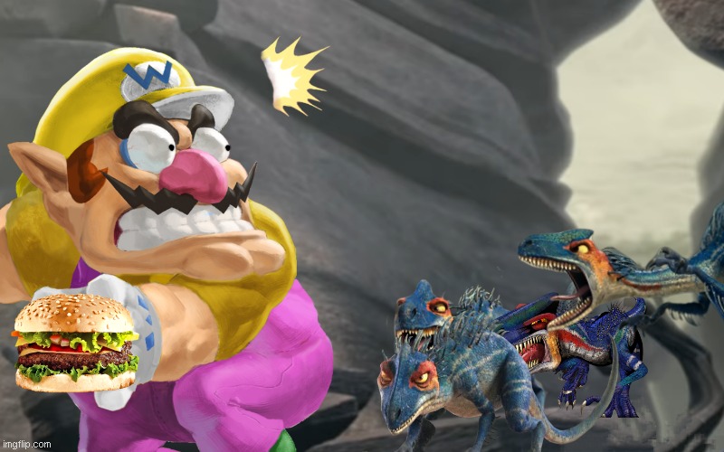 wario gets killed by pack of guanlongs while he was eating cheeseburger | image tagged in wario dies,ice age,dinosaur,burger | made w/ Imgflip meme maker