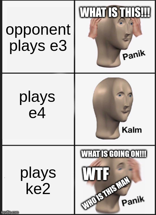 Panik Kalm Panik Meme | opponent plays e3; WHAT IS THIS!!! plays e4; WHAT IS GOING ON!!! WTF; plays ke2; WHO IS THIS MAN | image tagged in memes,panik kalm panik | made w/ Imgflip meme maker
