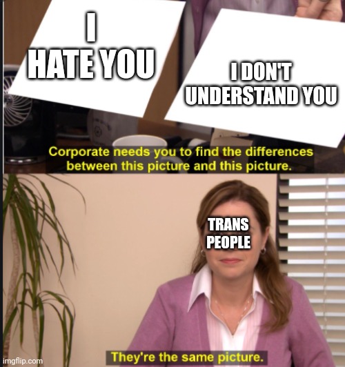 Can someone please explain to me wtf gender is | I HATE YOU; I DON'T UNDERSTAND YOU; TRANS PEOPLE | image tagged in they're the same picture | made w/ Imgflip meme maker