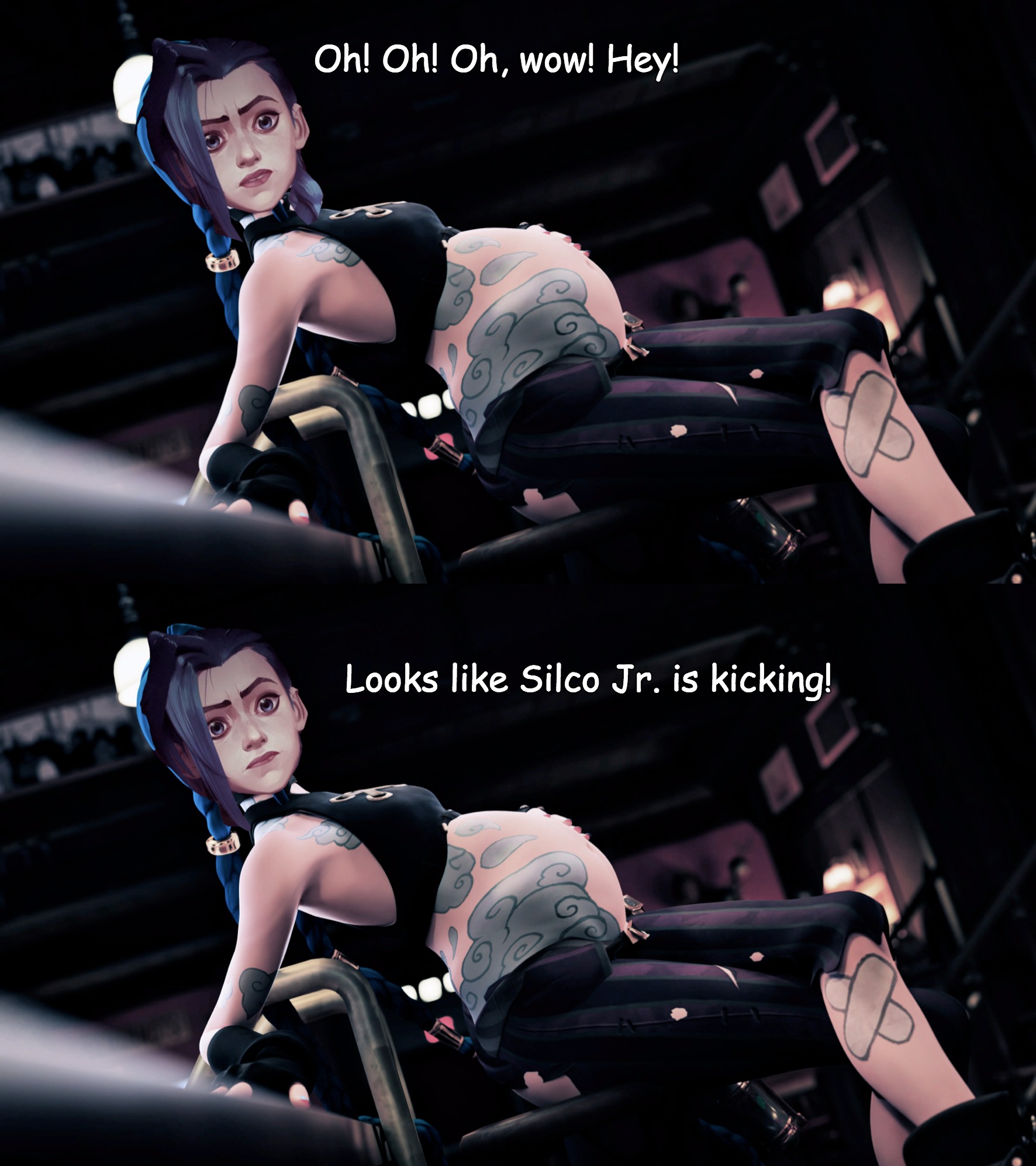 Oh! Oh! Oh, wow! Hey! Looks like Silco Jr. is kicking! | image tagged in pregnant jinx | made w/ Imgflip meme maker