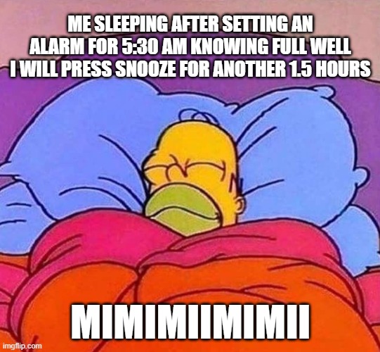 Me knowing I will hit snooze as many times as needed | ME SLEEPING AFTER SETTING AN ALARM FOR 5:30 AM KNOWING FULL WELL I WILL PRESS SNOOZE FOR ANOTHER 1.5 HOURS; MIMIMIIMIMII | image tagged in homer simpson sleeping peacefully,funny meme,school,high school,no sleep | made w/ Imgflip meme maker