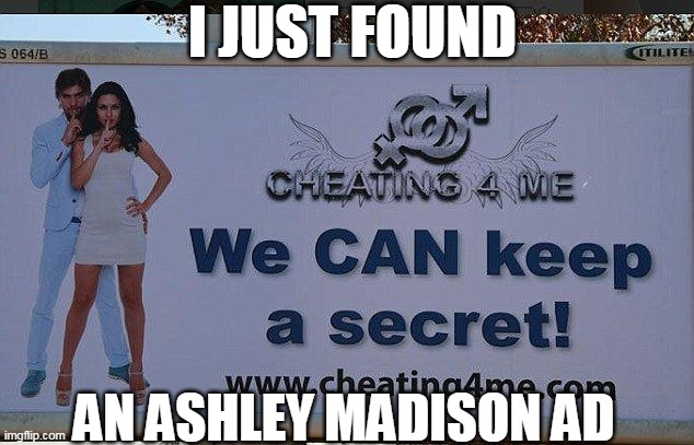 Infidelity Dating Site | I JUST FOUND; AN ASHLEY MADISON AD | image tagged in ashley madison | made w/ Imgflip meme maker