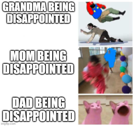 how people _____ | GRANDMA BEING DISAPPOINTED; MOM BEING DISAPPOINTED; DAD BEING DISAPPOINTED | image tagged in how people _____ | made w/ Imgflip meme maker