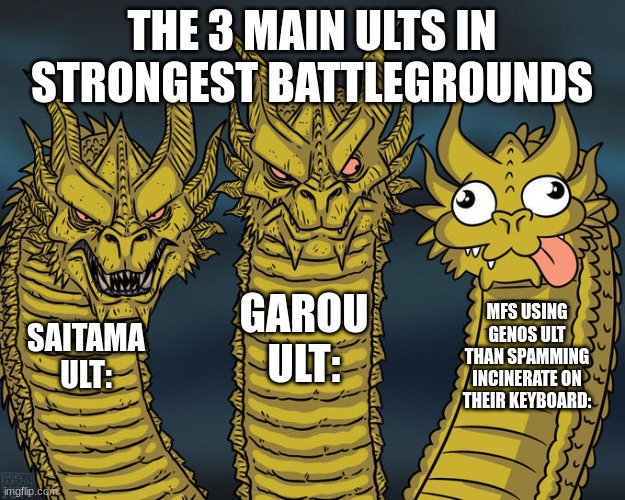 Strongest Battlegrounds ults | THE 3 MAIN ULTS IN STRONGEST BATTLEGROUNDS; GAROU ULT:; MFS USING GENOS ULT THAN SPAMMING INCINERATE ON THEIR KEYBOARD:; SAITAMA ULT: | image tagged in three-headed dragon | made w/ Imgflip meme maker