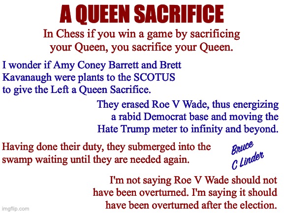 Queen Sacrifice | A QUEEN SACRIFICE; In Chess if you win a game by sacrificing
your Queen, you sacrifice your Queen. I wonder if Amy Coney Barrett and Brett
Kavanaugh were plants to the SCOTUS
to give the Left a Queen Sacrifice. They erased Roe V Wade, thus energizing
a rabid Democrat base and moving the
Hate Trump meter to infinity and beyond. Bruce
C Linder; Having done their duty, they submerged into the
swamp waiting until they are needed again. I'm not saying Roe V Wade should not
have been overturned. I'm saying it should
have been overturned after the election. | image tagged in queen sacrifice,scotus,amy coney barrett,brett cavanaugh,the swamp | made w/ Imgflip meme maker