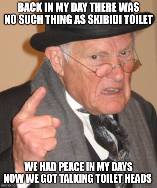 Back In My Day | BACK IN MY DAY THERE WAS NO SUCH THING AS SKIBIDI TOILET; WE HAD PEACE IN MY DAYS NOW WE GOT TALKING TOILET HEADS | image tagged in memes,back in my day | made w/ Imgflip meme maker
