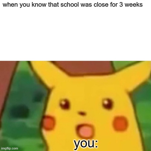 Surprised Pikachu Meme | when you know that school was close for 3 weeks; you: | image tagged in memes,surprised pikachu | made w/ Imgflip meme maker