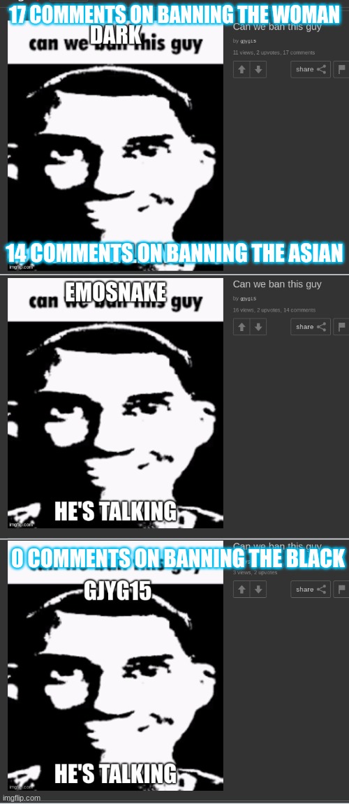 17 COMMENTS ON BANNING THE WOMAN; 14 COMMENTS ON BANNING THE ASIAN; 0 COMMENTS ON BANNING THE BLACK | made w/ Imgflip meme maker