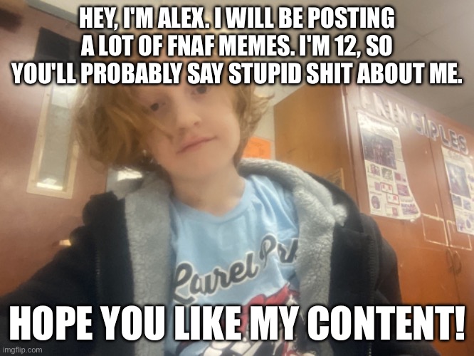 Me (this is not a meme) | HEY, I'M ALEX. I WILL BE POSTING A LOT OF FNAF MEMES. I'M 12, SO YOU'LL PROBABLY SAY STUPID SHIT ABOUT ME. HOPE YOU LIKE MY CONTENT! | image tagged in me,my age | made w/ Imgflip meme maker