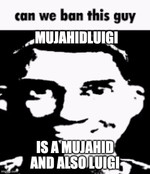 Can we ban this guy | MUJAHIDLUIGI; IS A MUJAHID AND ALSO LUIGI | image tagged in can we ban this guy | made w/ Imgflip meme maker