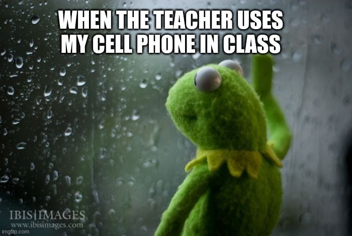 kermit window | WHEN THE TEACHER USES MY CELL PHONE IN CLASS | image tagged in kermit window | made w/ Imgflip meme maker
