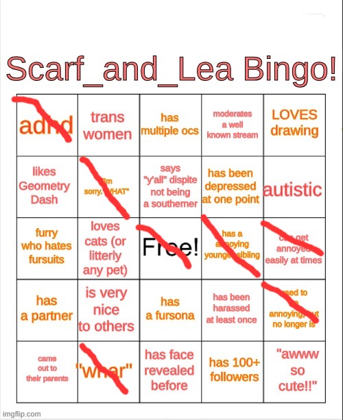 Scarf_and_Lea Bingo | image tagged in scarf_and_lea bingo | made w/ Imgflip meme maker