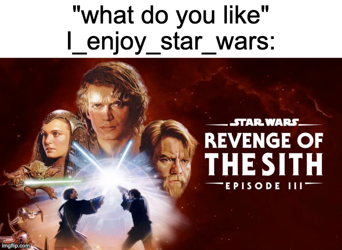 msmg user #16 | "what do you like"
I_enjoy_star_wars: | image tagged in star wars revenge of the sith | made w/ Imgflip meme maker
