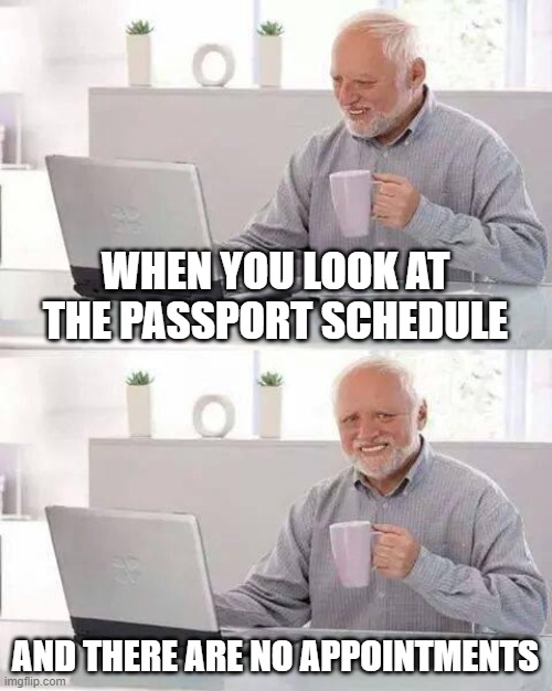 No appointments | WHEN YOU LOOK AT THE PASSPORT SCHEDULE; AND THERE ARE NO APPOINTMENTS | image tagged in memes,hide the pain harold | made w/ Imgflip meme maker