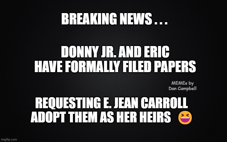 Solid Black Background | BREAKING NEWS . . . DONNY JR. AND ERIC HAVE FORMALLY FILED PAPERS; MEMEs by Dan Campbell; REQUESTING E. JEAN CARROLL 
ADOPT THEM AS HER HEIRS  😆 | image tagged in solid black background | made w/ Imgflip meme maker