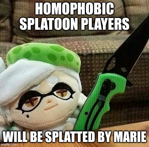 Marie has had enough | HOMOPHOBIC SPLATOON PLAYERS; WILL BE SPLATTED BY MARIE | image tagged in marie plush with a knife | made w/ Imgflip meme maker