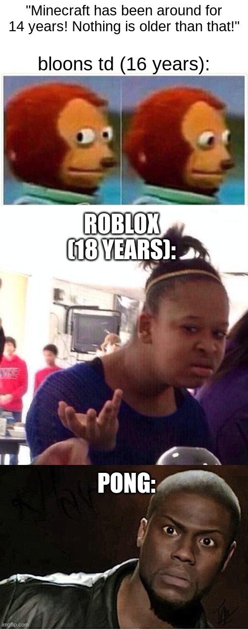 okay ipad kid :| | "Minecraft has been around for 14 years! Nothing is older than that!"; bloons td (16 years):; ROBLOX (18 YEARS):; PONG: | image tagged in memes,monkey puppet,black girl wat,kevin hart | made w/ Imgflip meme maker