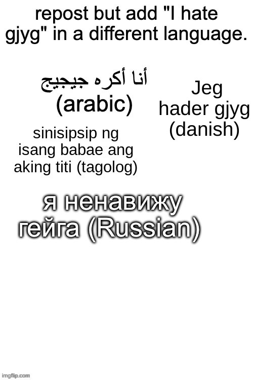 wouldve done portuguese but no one cares about non brazilian so danish | Jeg hader gjyg (danish) | made w/ Imgflip meme maker