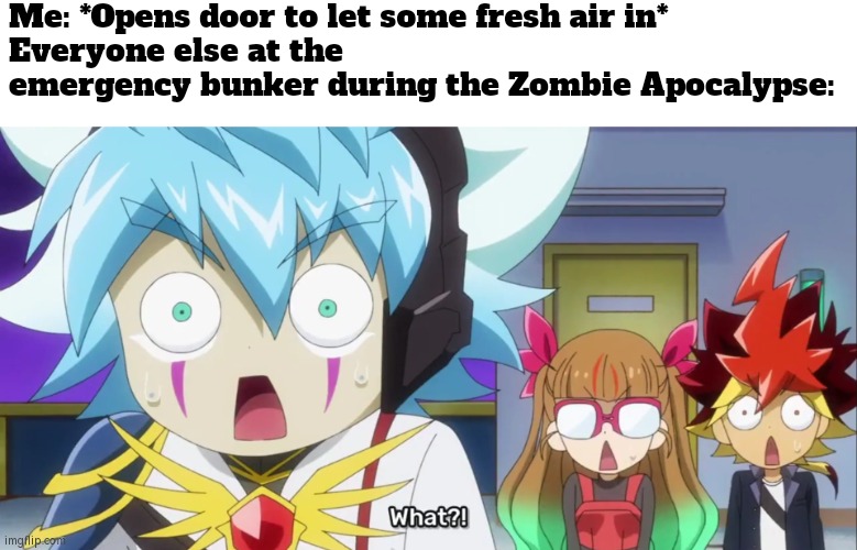 *giggle* We're in danger. | Me: *Opens door to let some fresh air in*
Everyone else at the emergency bunker during the Zombie Apocalypse: | image tagged in funny,zombie apocalypse,me everyone else | made w/ Imgflip meme maker