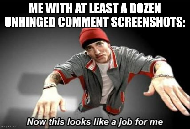 Now this looks like a job for me | ME WITH AT LEAST A DOZEN UNHINGED COMMENT SCREENSHOTS: | image tagged in now this looks like a job for me | made w/ Imgflip meme maker