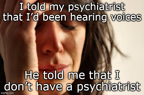 --OO-- | I told my psychiatrist that I’d been hearing voices; He told me that I don’t have a psychiatrist | image tagged in memes,first world problems | made w/ Imgflip meme maker