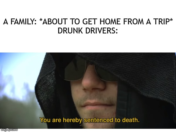 They didnt do nothing wrong! why them? | A FAMILY: *ABOUT TO GET HOME FROM A TRIP*
DRUNK DRIVERS: | image tagged in memes,you are hereby sentenced to death | made w/ Imgflip meme maker