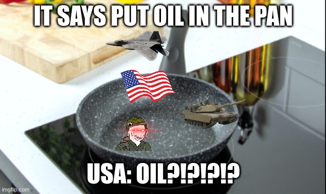 usa | IT SAYS PUT OIL IN THE PAN; USA: OIL?!?!?!? | image tagged in pan | made w/ Imgflip meme maker