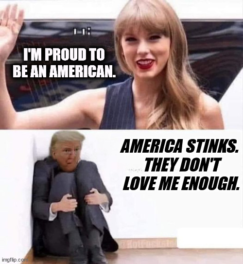 American | I'M PROUD TO BE AN AMERICAN. AMERICA STINKS. 
THEY DON'T LOVE ME ENOUGH. | image tagged in taylor swift mainstream american donald trump extreme unamerican,taylor swift,american,donald trump,hate,america | made w/ Imgflip meme maker