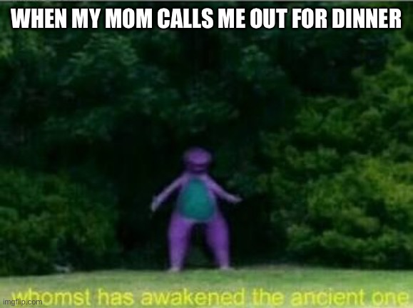 Whomst has awakened the ancient one | WHEN MY MOM CALLS ME OUT FOR DINNER | image tagged in whomst has awakened the ancient one | made w/ Imgflip meme maker