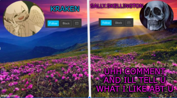 sally.skellington and kraken announcment template | UHH COMMENT AND ILL TELL U WHAT I LIKE ABT U | image tagged in salliy skellington and kraken announcment template | made w/ Imgflip meme maker