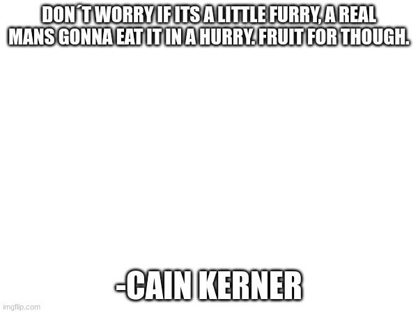 kain kerner be trowing facts(its about a kiwi but you can use the qoute any way you like) | DON´T WORRY IF ITS A LITTLE FURRY, A REAL MANS GONNA EAT IT IN A HURRY. FRUIT FOR THOUGH. -CAIN KERNER | image tagged in fruit,cool | made w/ Imgflip meme maker