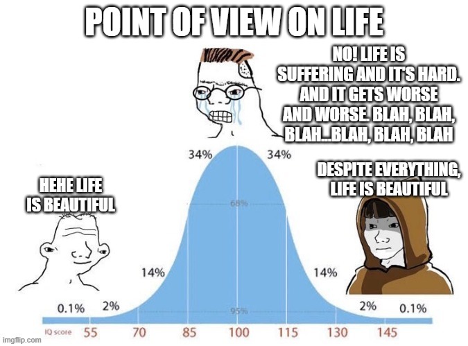 Bell Curve | POINT OF VIEW ON LIFE; NO! LIFE IS SUFFERING AND IT'S HARD. AND IT GETS WORSE AND WORSE. BLAH, BLAH, BLAH...BLAH, BLAH, BLAH; DESPITE EVERYTHING, LIFE IS BEAUTIFUL; HEHE LIFE IS BEAUTIFUL | image tagged in bell curve | made w/ Imgflip meme maker