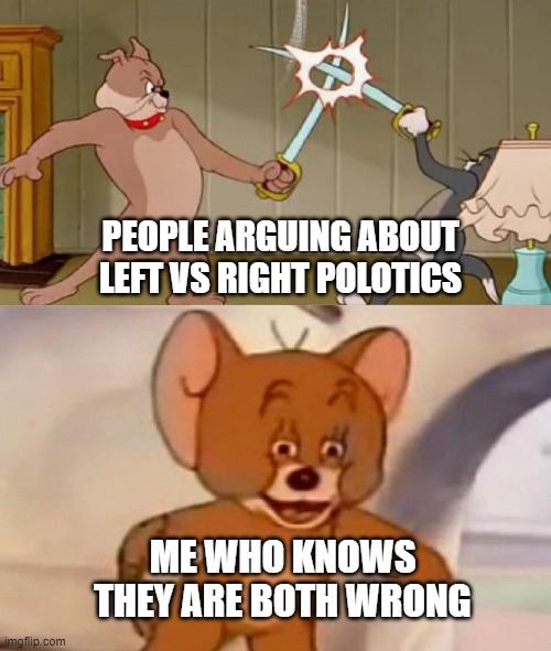 They are both wrong. Cry about it. | PEOPLE ARGUING ABOUT LEFT VS RIGHT POLOTICS; ME WHO KNOWS THEY ARE BOTH WRONG | image tagged in tom and jerry swordfight | made w/ Imgflip meme maker