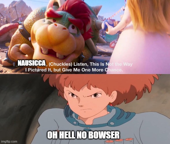 nausicaa gives bowser no chance | NAUSICCA; OH HELL NO BOWSER | image tagged in who gives bowser a chance yes or no,studio ghibli,bowser,mario movie,nintendo | made w/ Imgflip meme maker