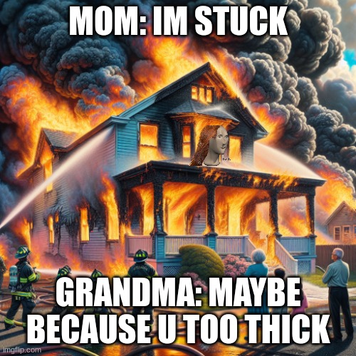 burning down house | MOM: IM STUCK; GRANDMA: MAYBE BECAUSE U TOO THICK | image tagged in burning down house | made w/ Imgflip meme maker