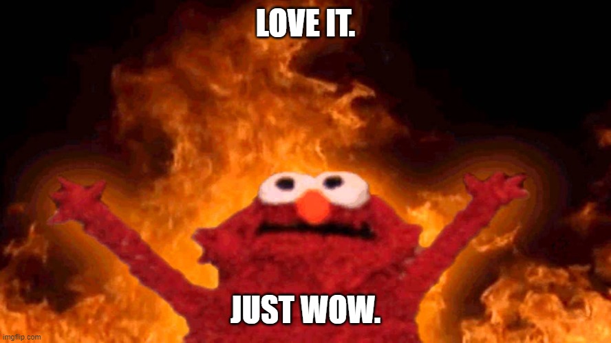 LOVE IT. JUST WOW. | image tagged in elmo fire | made w/ Imgflip meme maker