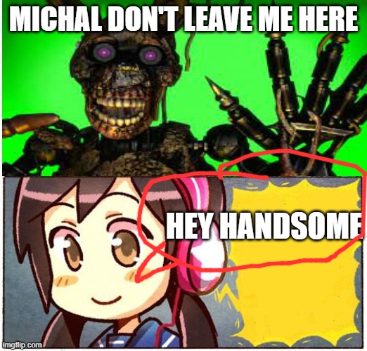 Read the bottom first | MICHAL DON'T LEAVE ME HERE; HEY HANDSOME | image tagged in that girl is so cute i wonder what she s listening to | made w/ Imgflip meme maker