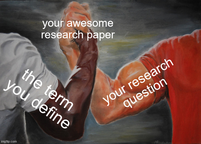 writing a research paper | your awesome research paper; your research question; the term you define | image tagged in memes,epic handshake | made w/ Imgflip meme maker