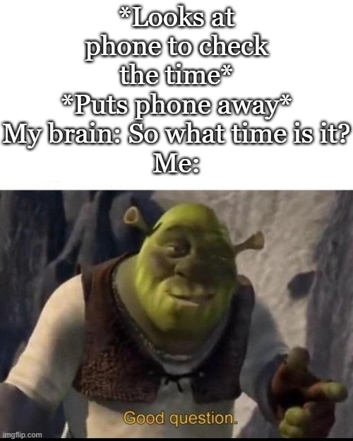 By brain isn't braining | *Looks at phone to check the time*
*Puts phone away*
My brain: So what time is it?
Me: | image tagged in shrek,funny,relatable,funny memes,meme,so true memes | made w/ Imgflip meme maker