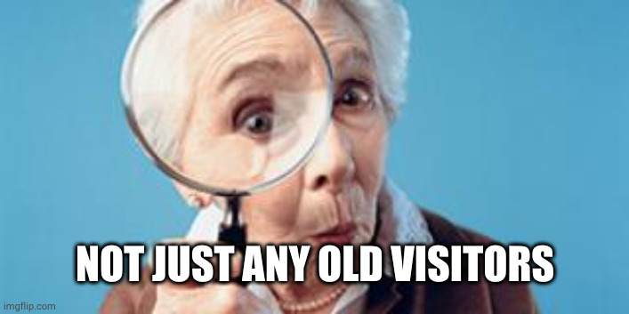 Old lady magnifying glass | NOT JUST ANY OLD VISITORS | image tagged in old lady magnifying glass | made w/ Imgflip meme maker