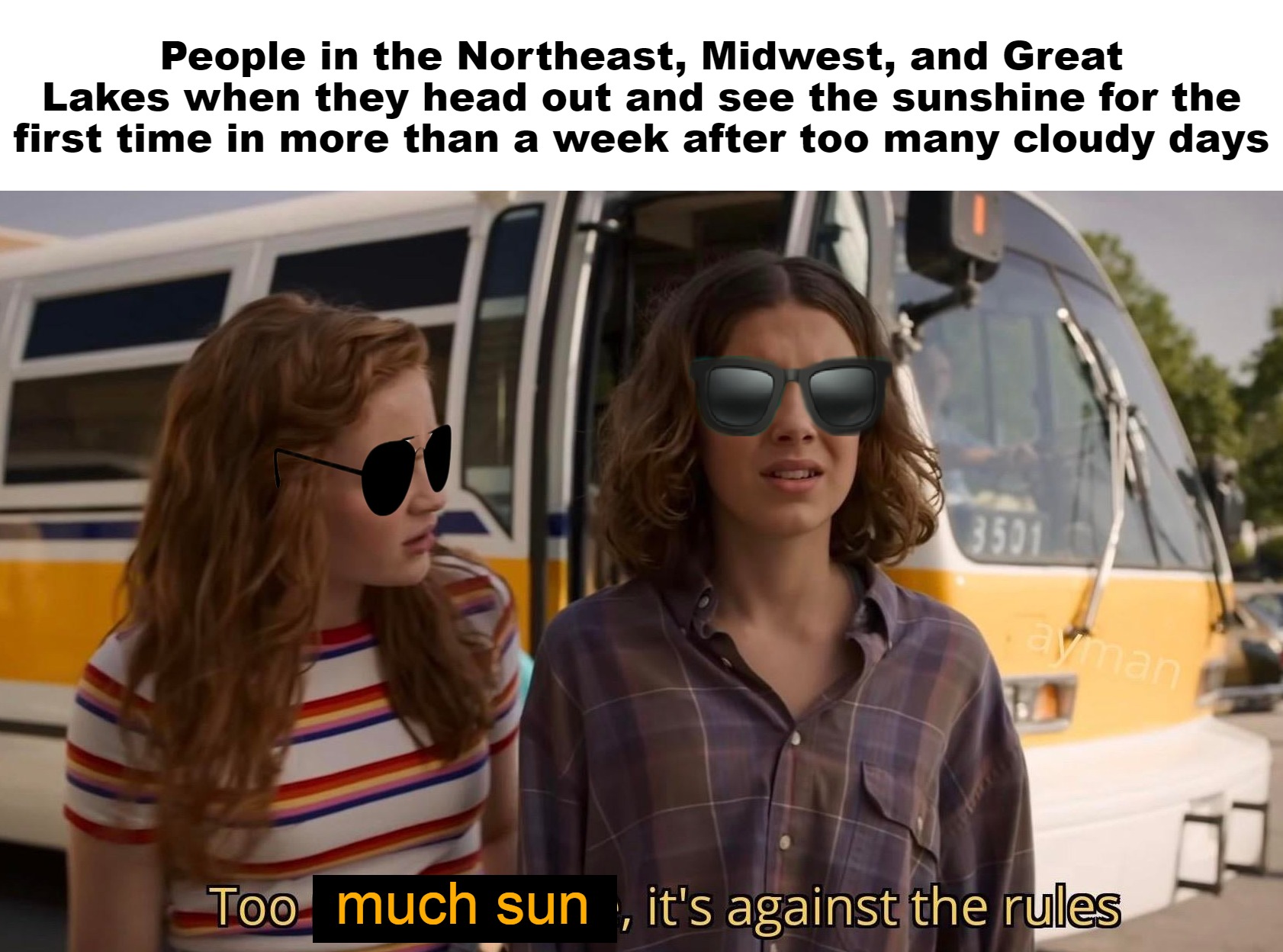 People in the Northeast, Midwest, and Great Lakes when they head out and see the sunshine for the first time in more than a week after too many cloudy days; much sun | image tagged in meme,memes,relatable,sunshine | made w/ Imgflip meme maker