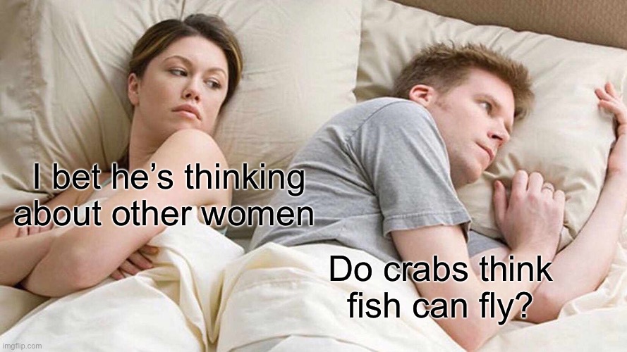 I Bet He's Thinking About Other Women Meme | I bet he’s thinking about other women; Do crabs think fish can fly? | image tagged in memes,i bet he's thinking about other women | made w/ Imgflip meme maker