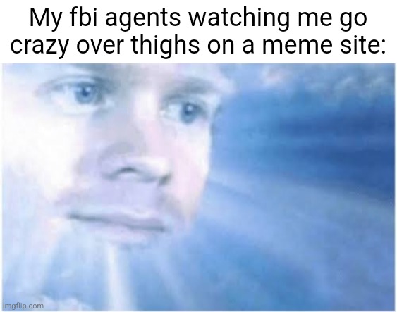 I'm the reason half of fbi agents quit | My fbi agents watching me go crazy over thighs on a meme site: | image tagged in in heaven looking down | made w/ Imgflip meme maker