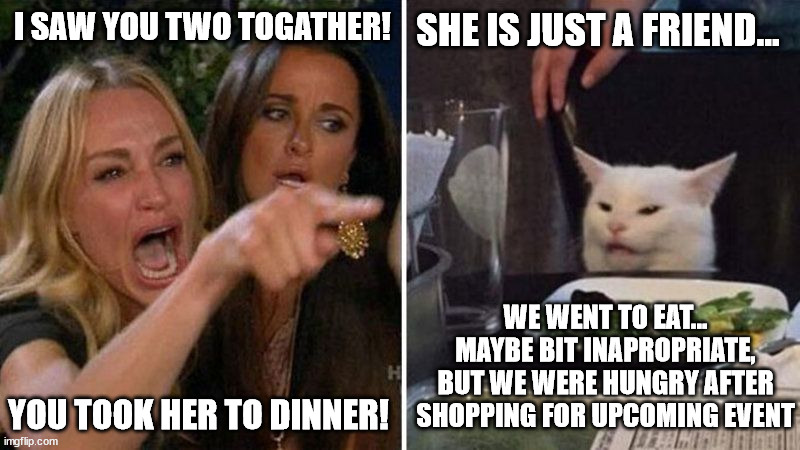 SHE IS JUST A FRIEND... I SAW YOU TWO TOGATHER! WE WENT TO EAT... MAYBE BIT INAPROPRIATE, BUT WE WERE HUNGRY AFTER SHOPPING FOR UPCOMING EVENT; YOU TOOK HER TO DINNER! | made w/ Imgflip meme maker