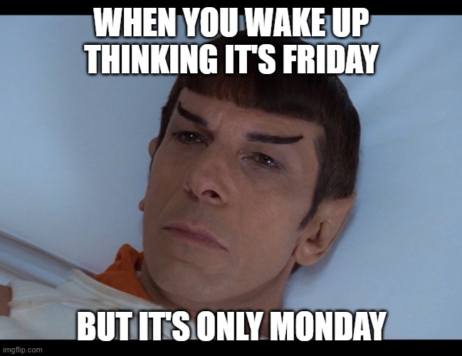 Monday | WHEN YOU WAKE UP THINKING IT'S FRIDAY; BUT IT'S ONLY MONDAY | image tagged in i hate mondays | made w/ Imgflip meme maker