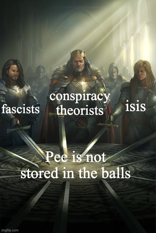 get real | conspiracy theorists; fascists; isis; Pee is not stored in the balls | image tagged in swords united | made w/ Imgflip meme maker