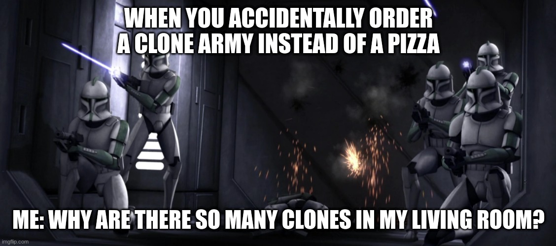 clone troopers | WHEN YOU ACCIDENTALLY ORDER A CLONE ARMY INSTEAD OF A PIZZA; ME: WHY ARE THERE SO MANY CLONES IN MY LIVING ROOM? | image tagged in clone troopers | made w/ Imgflip meme maker