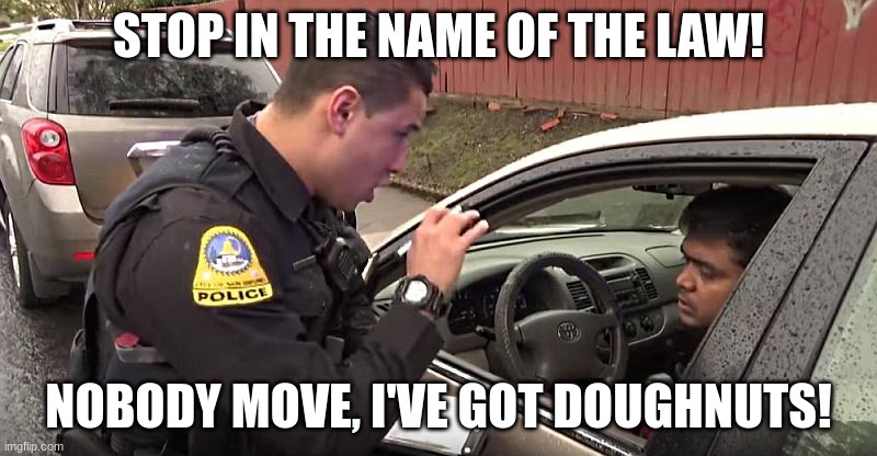 police officer | STOP IN THE NAME OF THE LAW! NOBODY MOVE, I'VE GOT DOUGHNUTS! | image tagged in police officer | made w/ Imgflip meme maker
