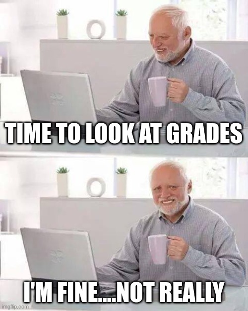 Hide the Pain Harold Meme | TIME TO LOOK AT GRADES; I'M FINE....NOT REALLY | image tagged in memes,hide the pain harold | made w/ Imgflip meme maker
