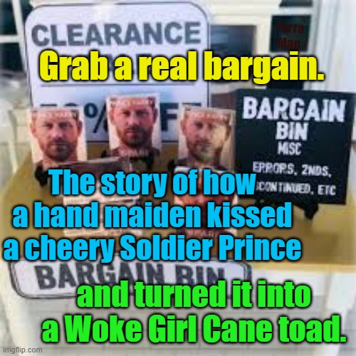 Spare the sad story | Yarra Man; Grab a real bargain. The story of how a hand maiden kissed a cheery Soldier Prince; and turned it into a Woke Girl Cane toad. | image tagged in prince harry,princess,meghan markle,woke,self gratification by proxy | made w/ Imgflip meme maker